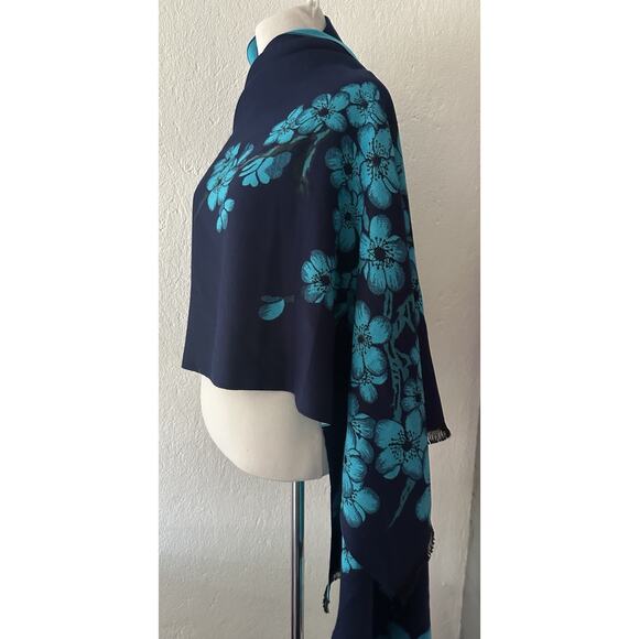 Pashmina Scarf Wrap Womens 76 in x 24 Blue Reversible 100% Cashmere Floral - Picture 4 of 15